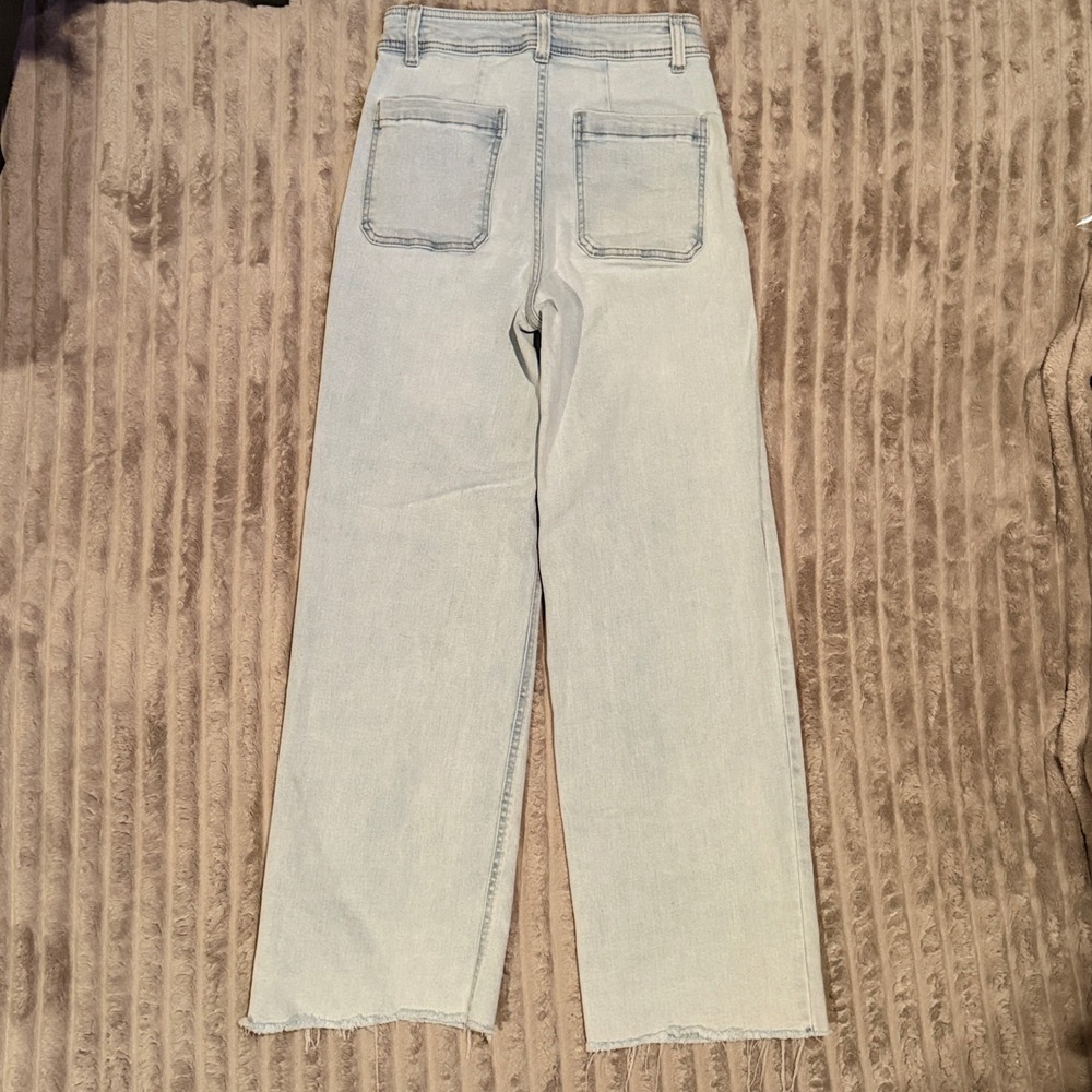 OAT New York High Rise Wide Leg Jeans Light Wash Raw Hem Patch Pockets Size 6/28 - Picture 8 of 8